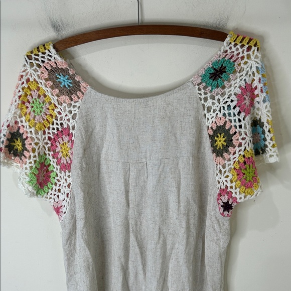 UMGEE Frayed Hem Linen Blend Colorful Crochet Sleeve Boho Tunic Top Size Small - Picture 12 of 14